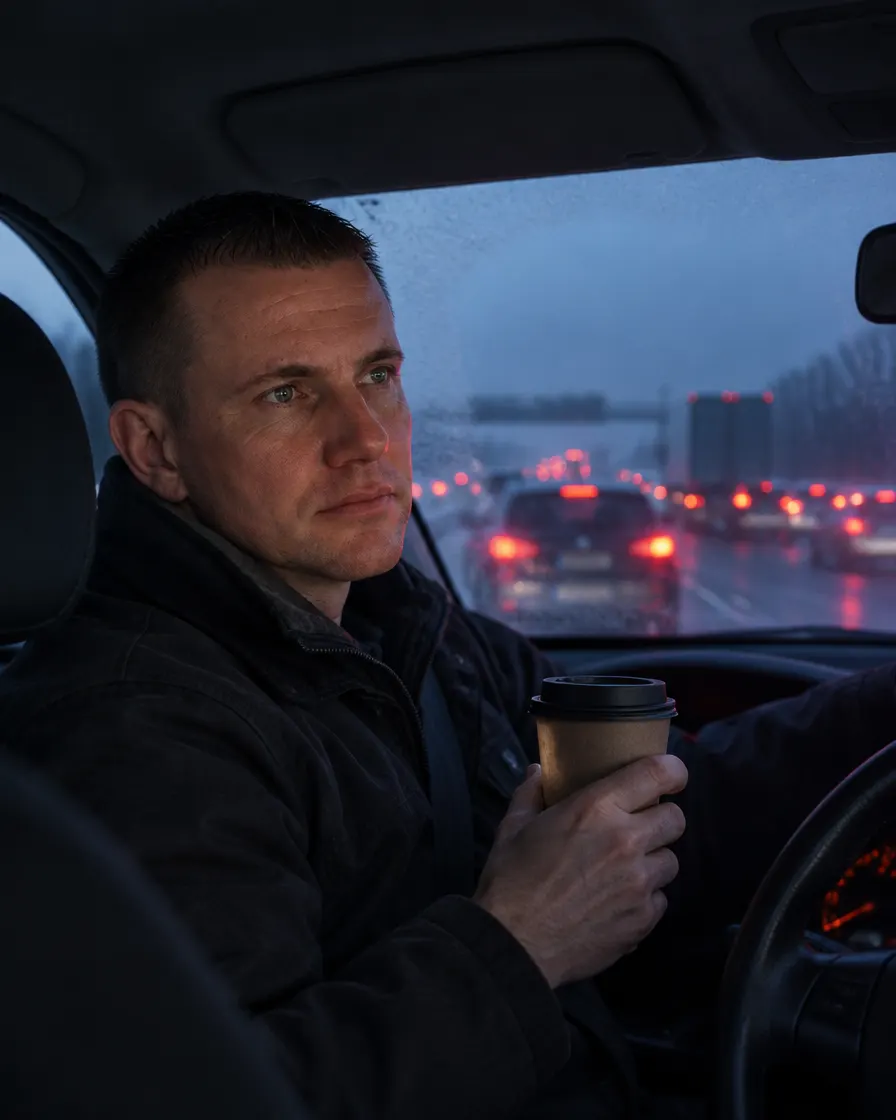 Matthias früh morgens mit Kaffeebecher im Berufsverkehr